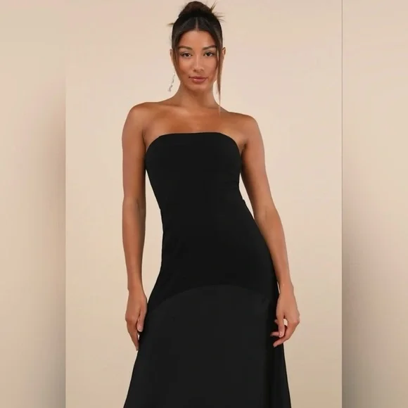 NWT - Lulus Compelling Elaris Mixed Media Black Strapless A-Line Maxi Dress - Picture 3 of 9